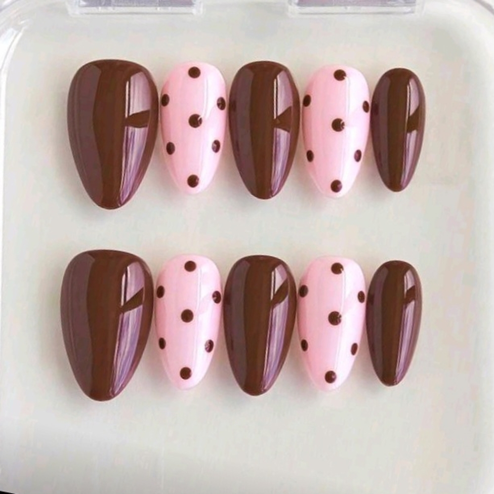 Brown and Pink Polka Dot Press-On Nails